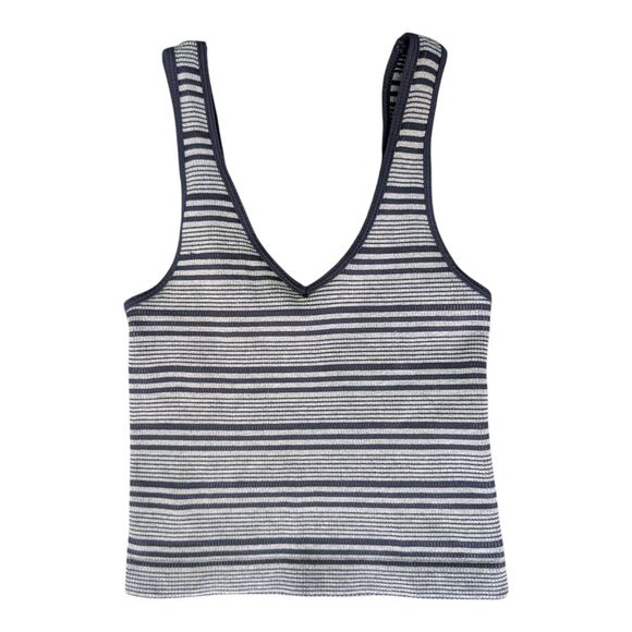 Y2K Navy White Striped Ribbed Knit Tank Top V Neck Cropped Shirt Full Tilt - Picture 1 of 6